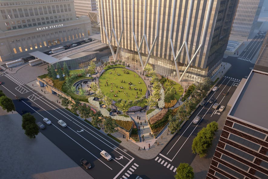 Indoor air quality was a key design consideration at 320 S. Canal, a three-tiered, 52-story commercial tower adjacent to Chicago Union Station. CO2 sensors in densely occupied spaces are linked to a demand control ventilation system that increases fresh air release when CO2 levels exceed 750 ppm. Occupants also have access to 1.5-acre ground-level public park.