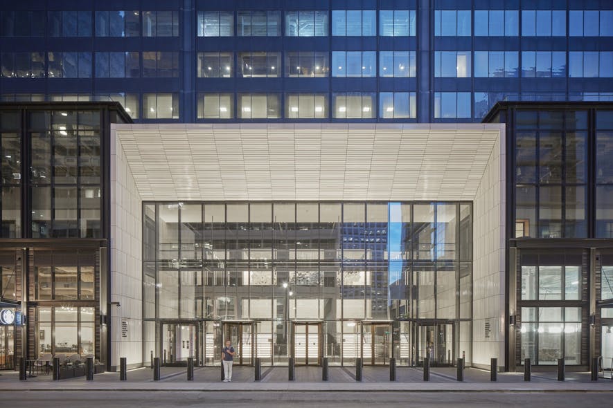 Glass and white terra cotta tile frame the South Franklin Street entrance, Willis Tower.